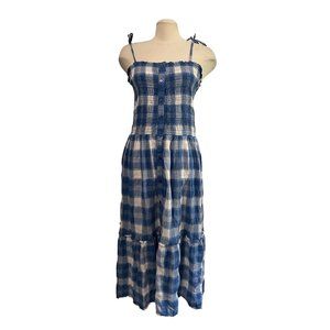 True Craft Blue Plaid Cottage Core Midi Dress Sz XL Womens Sleeveless Smocked Fr